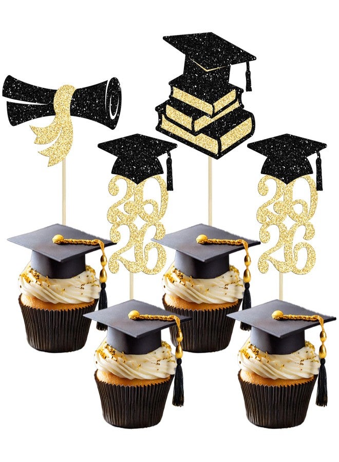Ephlyn 24Pcs 2024 Graduation Cupcake Toppers Glitter Diploma Grad Cap Class of 2024 Cupcake Picks for 2024 Graduation Theme Party Cake Decorations Supplies Black Gold - Image 1