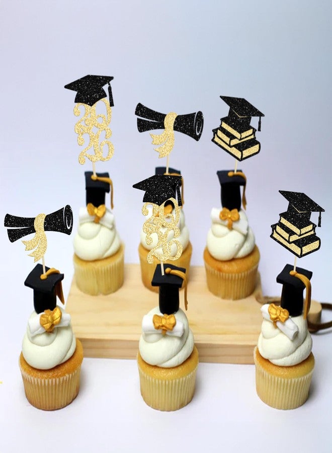Ephlyn 24Pcs 2024 Graduation Cupcake Toppers Glitter Diploma Grad Cap Class of 2024 Cupcake Picks for 2024 Graduation Theme Party Cake Decorations Supplies Black Gold - Image 5