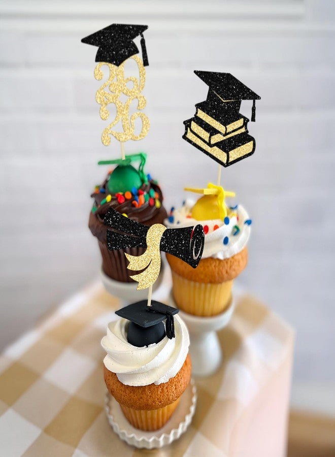 Ephlyn 24Pcs 2024 Graduation Cupcake Toppers Glitter Diploma Grad Cap Class of 2024 Cupcake Picks for 2024 Graduation Theme Party Cake Decorations Supplies Black Gold - Image 4