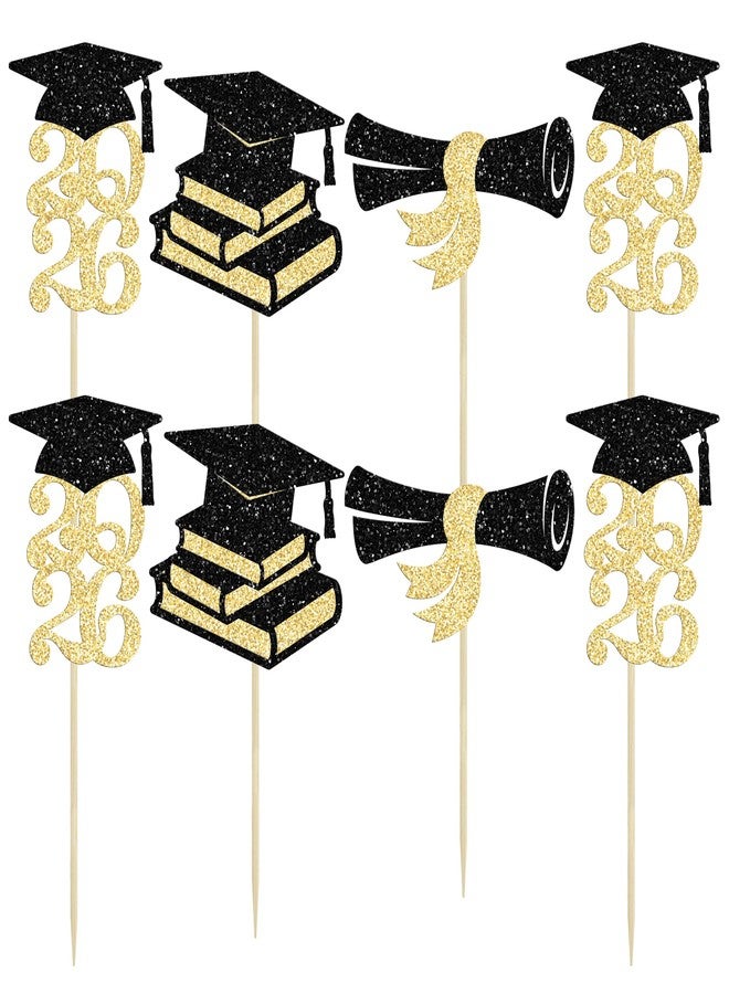 Ephlyn 24Pcs 2024 Graduation Cupcake Toppers Glitter Diploma Grad Cap Class of 2024 Cupcake Picks for 2024 Graduation Theme Party Cake Decorations Supplies Black Gold - Image 3