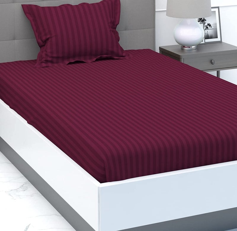 Purav Light Microfiber Flat Single Bed Bedsheet| Plain Striped Cotton Bedsheet with 1 Pillow Cover for Queen Size Bed| Supersoft 340 TC| Breathable| Wrinklefree| (Size: 60x90 inch, Wine Color) - Image 5