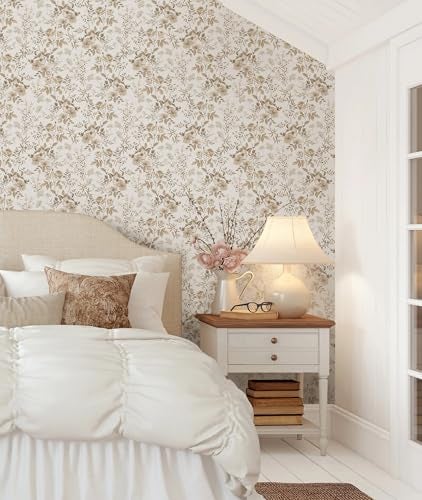 Erfoni 169 x197 Beige Floral Peel and Stick Wallpaper Boho Floral Leaf Contact Paper Boho Self Adhesive Wall Paper Flower DIY Removable Decoration Wallpaper for Livingroom Accent Wall Covering - Image 3