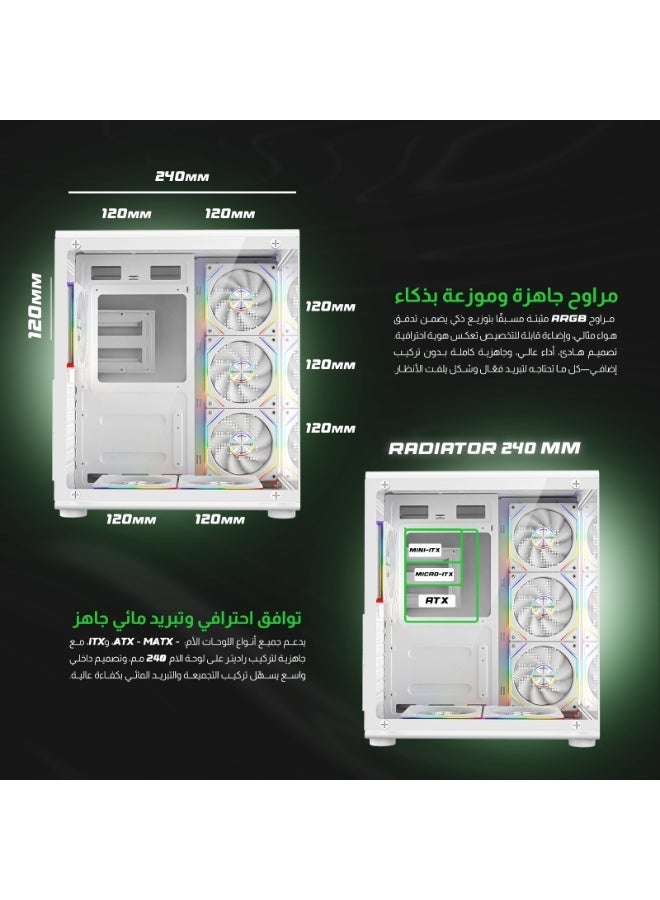 ماجيستي صندوق كمبيوتر ماجيستي ميد تاور برق - مزود بـ 6 مراوح ARGB اينفنتي 120 ملم مثبتة مسبقاً لتدفق هواء فعال مع ريموت - دعم لوحات ATX - منافذ 2x USB - أبيض - Image 2
