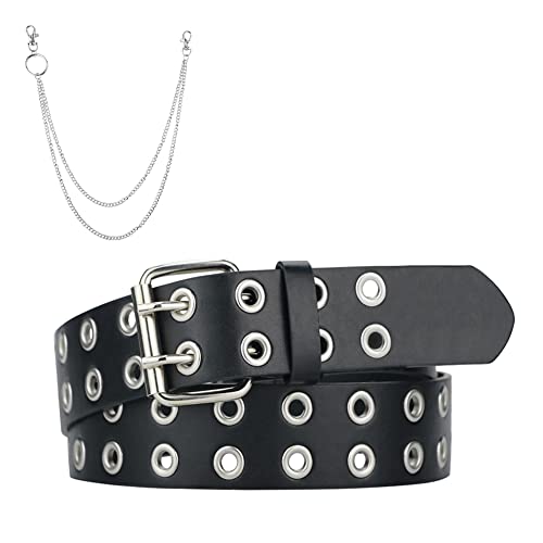 macoking Grommet Leather Belts for Women, Black Belt For Teens with Chains - Double Studded Holes-S - Image 1