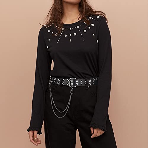 macoking Grommet Leather Belts for Women, Black Belt For Teens with Chains - Double Studded Holes-S - Image 3