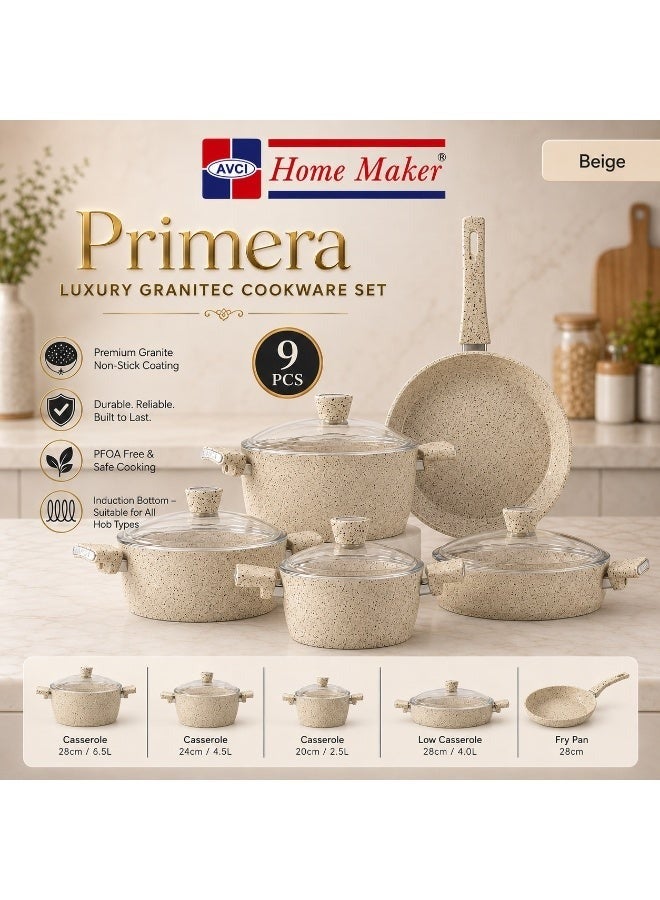 AVCI Home Maker Primera Luxury Granitec 9 Piece Non-Stick Cookware Set With Glass Lids, Induction Bottom, Casseroles & Fry Pan, Beige - Image 1