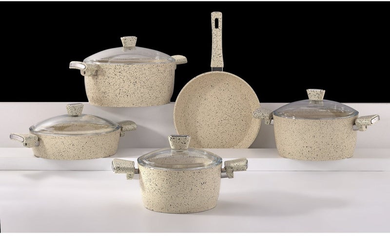 AVCI Home Maker Primera Luxury Granitec 9 Piece Non-Stick Cookware Set With Glass Lids, Induction Bottom, Casseroles & Fry Pan, Beige - Image 4