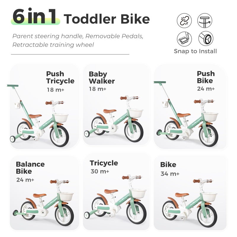 LOL-FUN Toddler Bike with Training Wheels for Kids 1-3, 6 in 1 Balance Bike for Toddlers 2-4 with Pedals, Brake & Baskets, 12" Baby Push Tricycle for 2 3 4 5 Year Old Boy Girl Toy & Gift - Image 3