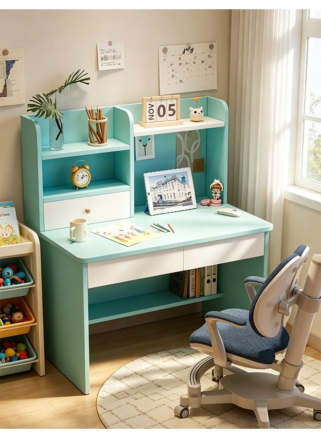 Kids Study Desk with Built-in Bookshelf, Drawer & Storage Shelves, Multipurpose Writing Desk, Children Learning Desk, Student Reading Table, Home Writing Table for Bedroom & Study Room (YN118-Blue) - Image 1