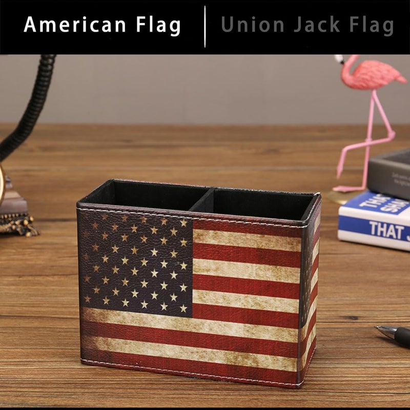 koofull American Flag Desk Organizer, PU Leather Retro Vintage Cool Supplies, Patriotic Decor Pen Pencil Holder Office Home Accessories (USA Flag) - Image 3