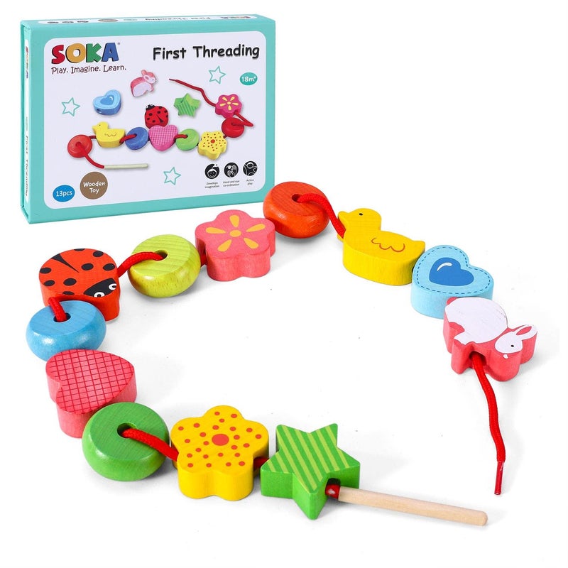 Play Imagine Learn First Threading Wooden Toy, Lacing Beads Educational Montessori Toy