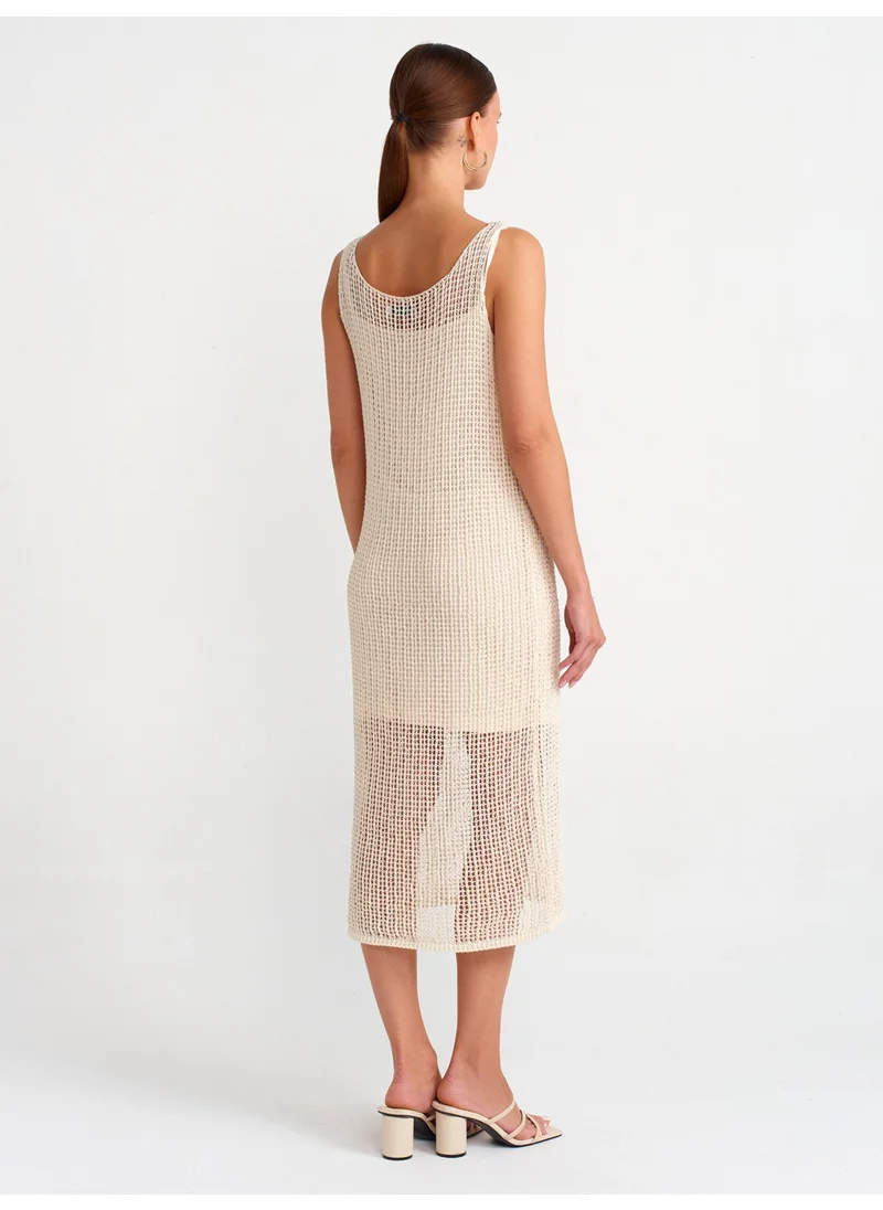 Dilvin 90206 Hanging Openwork Lined Knitwear Dress-Ecru