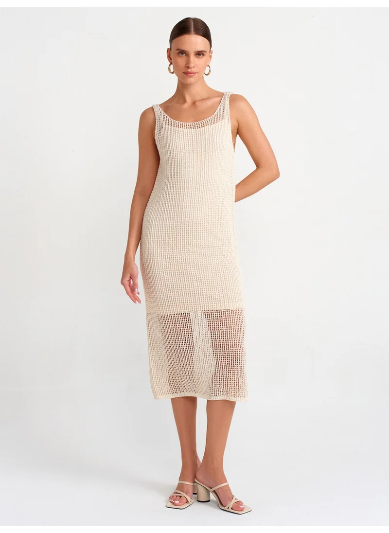 Dilvin 90206 Hanging Openwork Lined Knitwear Dress-Ecru