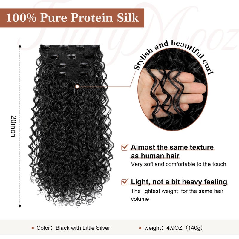 Flufymooz Clip in Hair Extensions, 4PC 100ï¼… Pure Protein Silk Hair Extensions Long Soft Natural Hairpiece 20 Inch Curly Hair Extension for Women-Black with Little Silver - Image 2