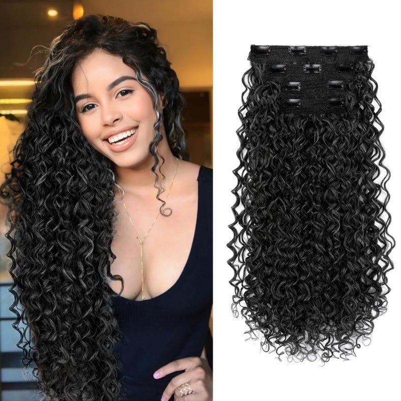 Flufymooz Clip in Hair Extensions, 4PC 100ï¼… Pure Protein Silk Hair Extensions Long Soft Natural Hairpiece 20 Inch Curly Hair Extension for Women-Black with Little Silver - Image 1