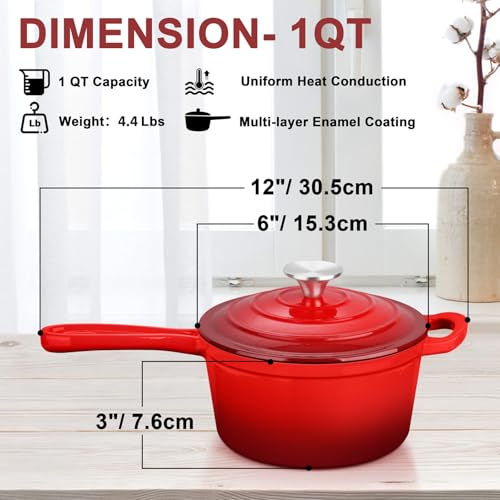 Leonyo Enameled Cast Iron Sauce Pan with Lid, Leonyo 1 Quart Saucepan with Lid, Small Enamel Cast Iron Dutch Oven Kitchen Cookware for All Cooktops Cooking Pasta, Soup, Milk - Up to 500°F & 4.4Lbs, Red - Image 2