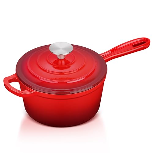 Leonyo Enameled Cast Iron Sauce Pan with Lid, Leonyo 1 Quart Saucepan with Lid, Small Enamel Cast Iron Dutch Oven Kitchen Cookware for All Cooktops Cooking Pasta, Soup, Milk - Up to 500°F & 4.4Lbs, Red - Image 1