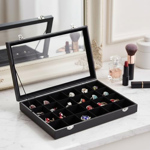 BucketList Women's Velvet Glass Ring Earrings Jewelry Box - Display Storage Showcase Holder Organizer (Big 24 Grid Jewellery Box Black) - Image 1