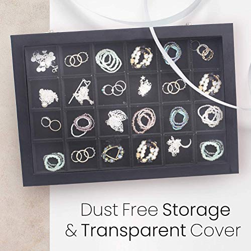 BucketList Women's Velvet Glass Ring Earrings Jewelry Box - Display Storage Showcase Holder Organizer (Big 24 Grid Jewellery Box Black) - Image 4