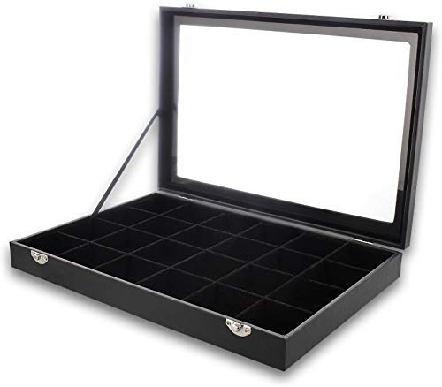 BucketList Women's Velvet Glass Ring Earrings Jewelry Box - Display Storage Showcase Holder Organizer (Big 24 Grid Jewellery Box Black) - Image 2