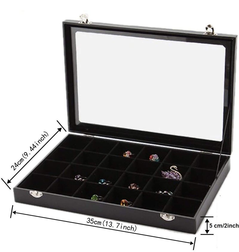 BucketList Women's Velvet Glass Ring Earrings Jewelry Box - Display Storage Showcase Holder Organizer (Big 24 Grid Jewellery Box Black) - Image 3