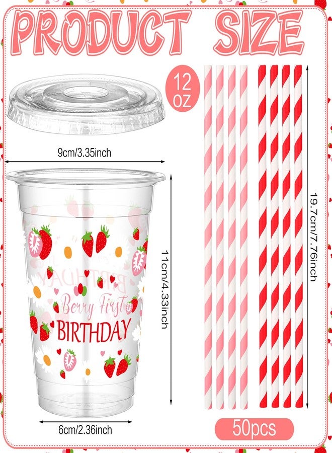 Jingmore 50 Pcs Party Disposable Plastic Cups 12 oz with Lids Straws Themed Party Supplies Plastic Tumbler for Birthday Table Decorations Favors(Strawberry 1st,Pink and Red) - Image 2