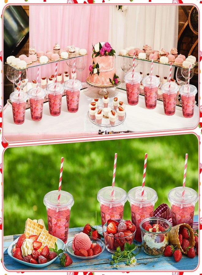 Jingmore 50 Pcs Party Disposable Plastic Cups 12 oz with Lids Straws Themed Party Supplies Plastic Tumbler for Birthday Table Decorations Favors(Strawberry 1st,Pink and Red) - Image 5