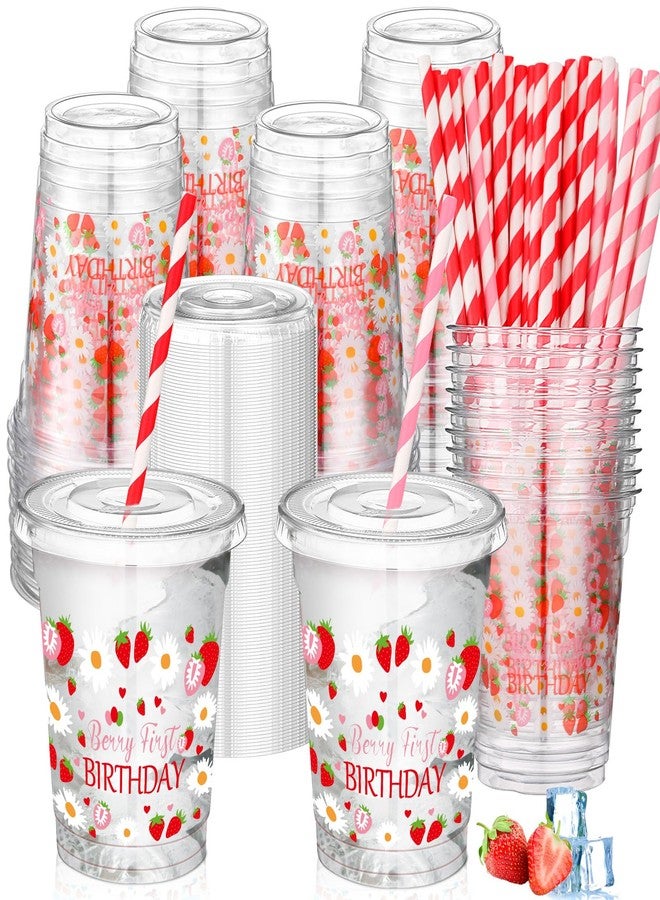 Jingmore 50 Pcs Party Disposable Plastic Cups 12 oz with Lids Straws Themed Party Supplies Plastic Tumbler for Birthday Table Decorations Favors(Strawberry 1st,Pink and Red) - Image 1