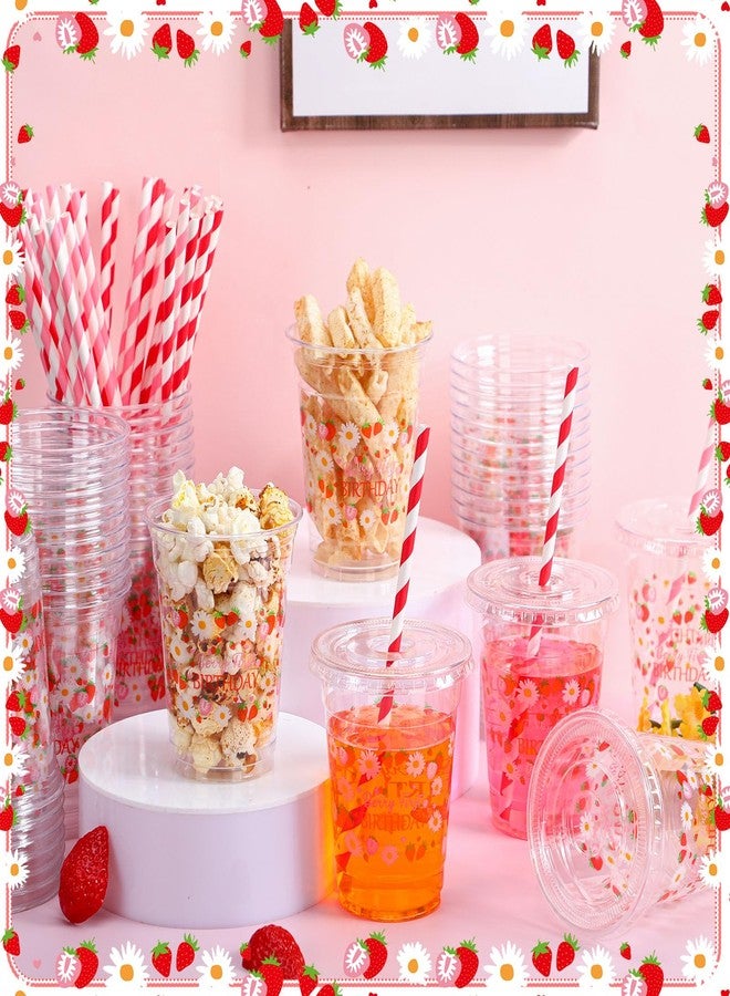Jingmore 50 Pcs Party Disposable Plastic Cups 12 oz with Lids Straws Themed Party Supplies Plastic Tumbler for Birthday Table Decorations Favors(Strawberry 1st,Pink and Red) - Image 4