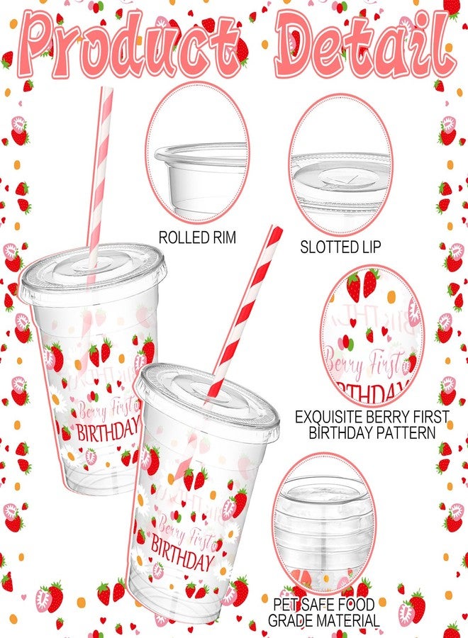 Jingmore 50 Pcs Party Disposable Plastic Cups 12 oz with Lids Straws Themed Party Supplies Plastic Tumbler for Birthday Table Decorations Favors(Strawberry 1st,Pink and Red) - Image 3