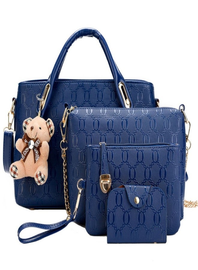 FiveloveTwo Women Ladies 4 Pcs PurseTop Handle Satchel Hobo Handbag Set Large Tote +Wallet +Shoulder Bag+Card Holder (Blue) - Image 1