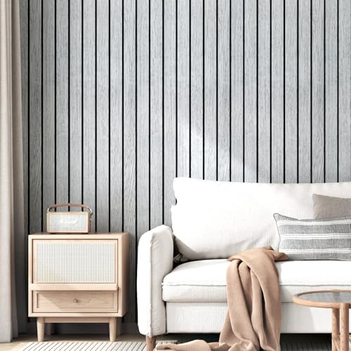 Wallercity WhiteGray Self Adhesive Wood Slat Wall Paneling 3D Panels for Wall Decor Soundproof Peel and Stick Wooden Panels for Bedroom Kitchen 117x197 Vinyl Waterproof Faux Wood Fence Wallpaper - Image 3