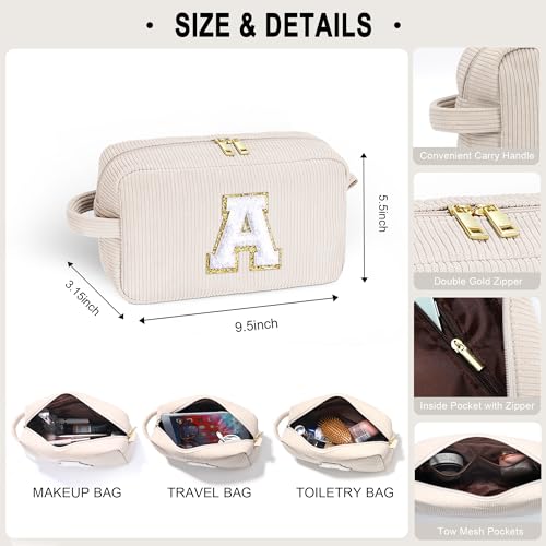 YOOLIFE 2 White Corduroy Travel Makeup Pouch - Large, Personalized Friend & Mom Gifts - Image 2
