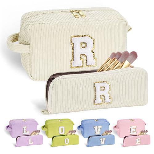 YOOLIFE 2 White Corduroy Travel Makeup Pouch - Large, Personalized Friend & Mom Gifts - Image 1