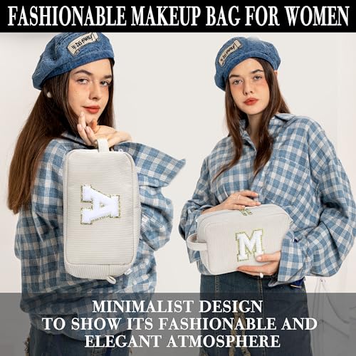 YOOLIFE 2 White Corduroy Travel Makeup Pouch - Large, Personalized Friend & Mom Gifts - Image 4