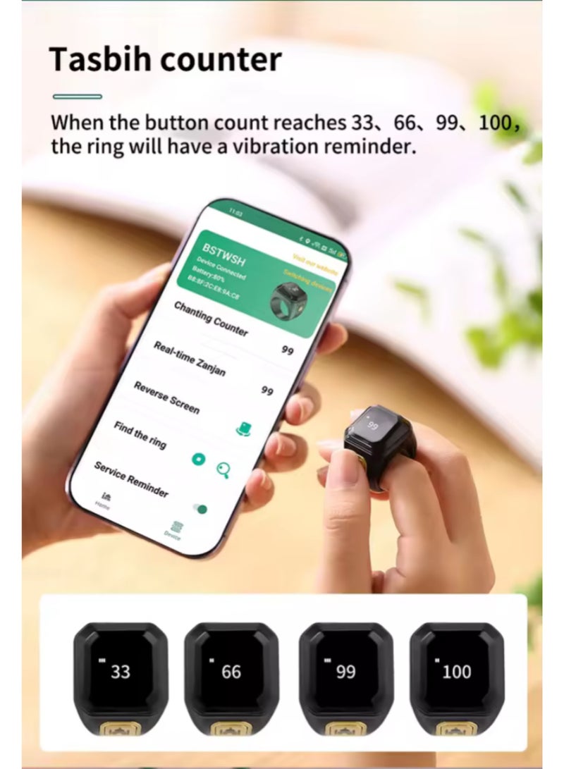 بستوش خاتم الذكر الذكي المتكامل 22 مم: عداد تسبيح، تذكير صلاة، اتصال بلوتوث وشاشة OLED - Image 3