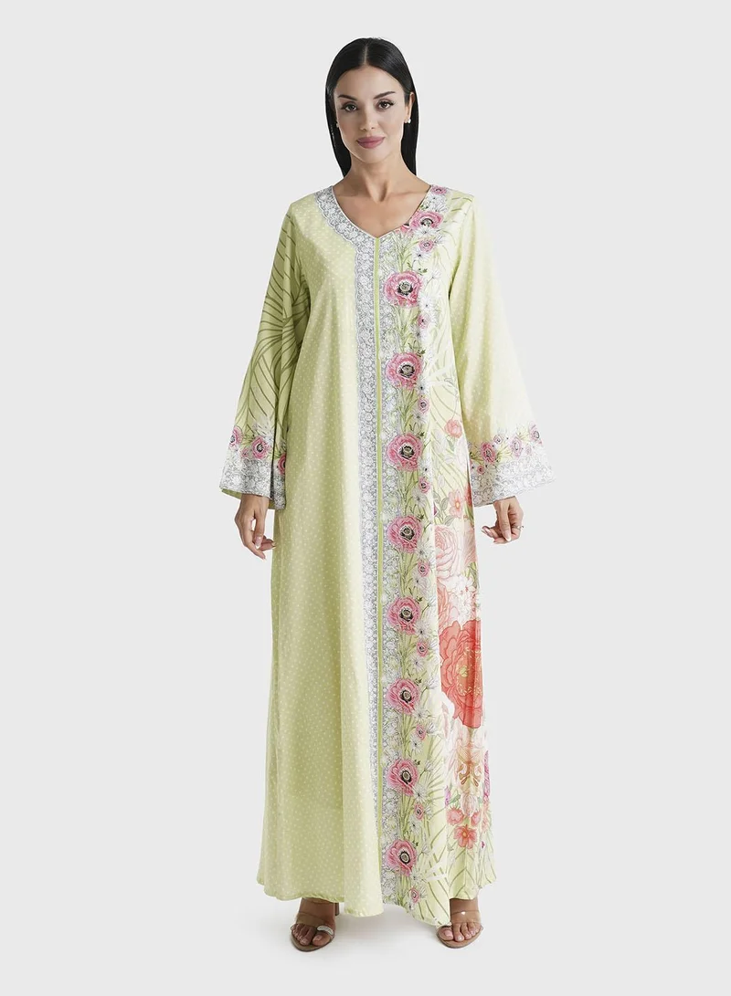 كشخة جلابية قطن ساتان بطبعة نقاط باللون الأخضر الليموني