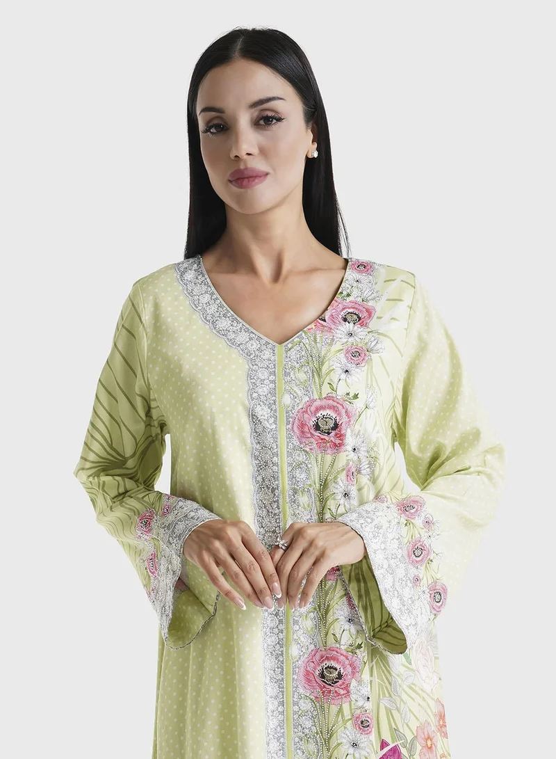 كشخة جلابية قطن ساتان بطبعة نقاط باللون الأخضر الليموني