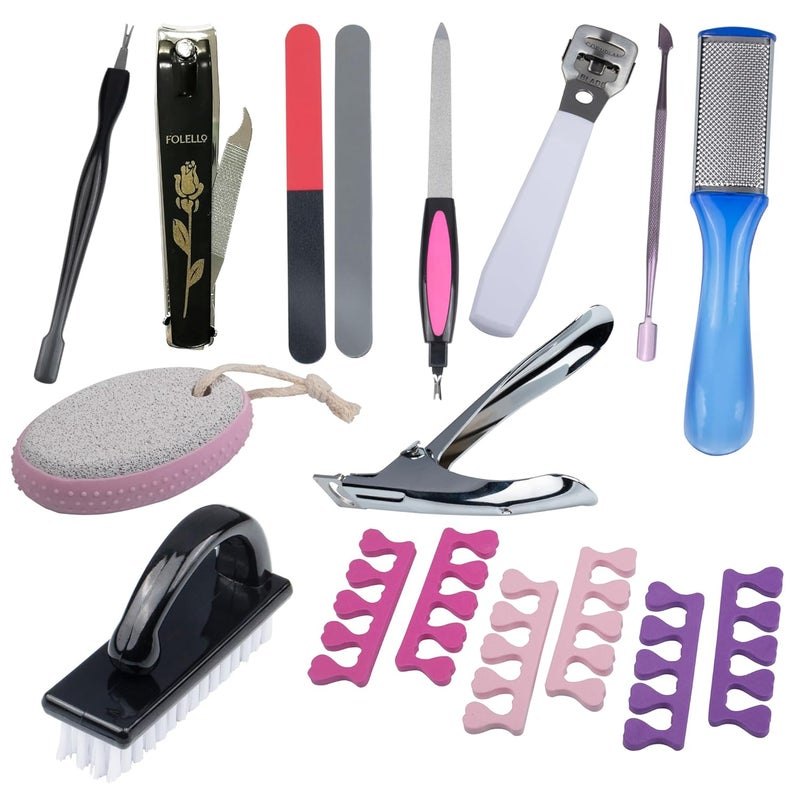 FOLELLO Manicure Pedicure Kit11 PiecesNail Clipper Nail Tip Cutter Cuticle Remover Spoon Nail Cleaner Pedicure Brush Nail Buffer Set Toe Separator Foot scrubber Callus Remover Pumice Stone - Image 1