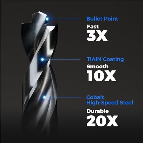 toolant Cobalt Drill Bit Set for Metal and Steel (Pro), Titanium Aluminum Nitride Coated (TiAlN) with Bullet Point Tip, for Hardened Metal, Stainless Steel, 21pcs 1/16"-1/2" - Image 4