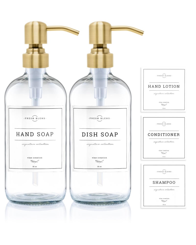 Vine Creations Clear Glass Soap Dispenser 2 Pack Kitchen Soap Dispenser Set with Stainless Steel Pump 16 oz Dish Soap and Hand Soap Dispensers for Bathroom with Waterproof Labels