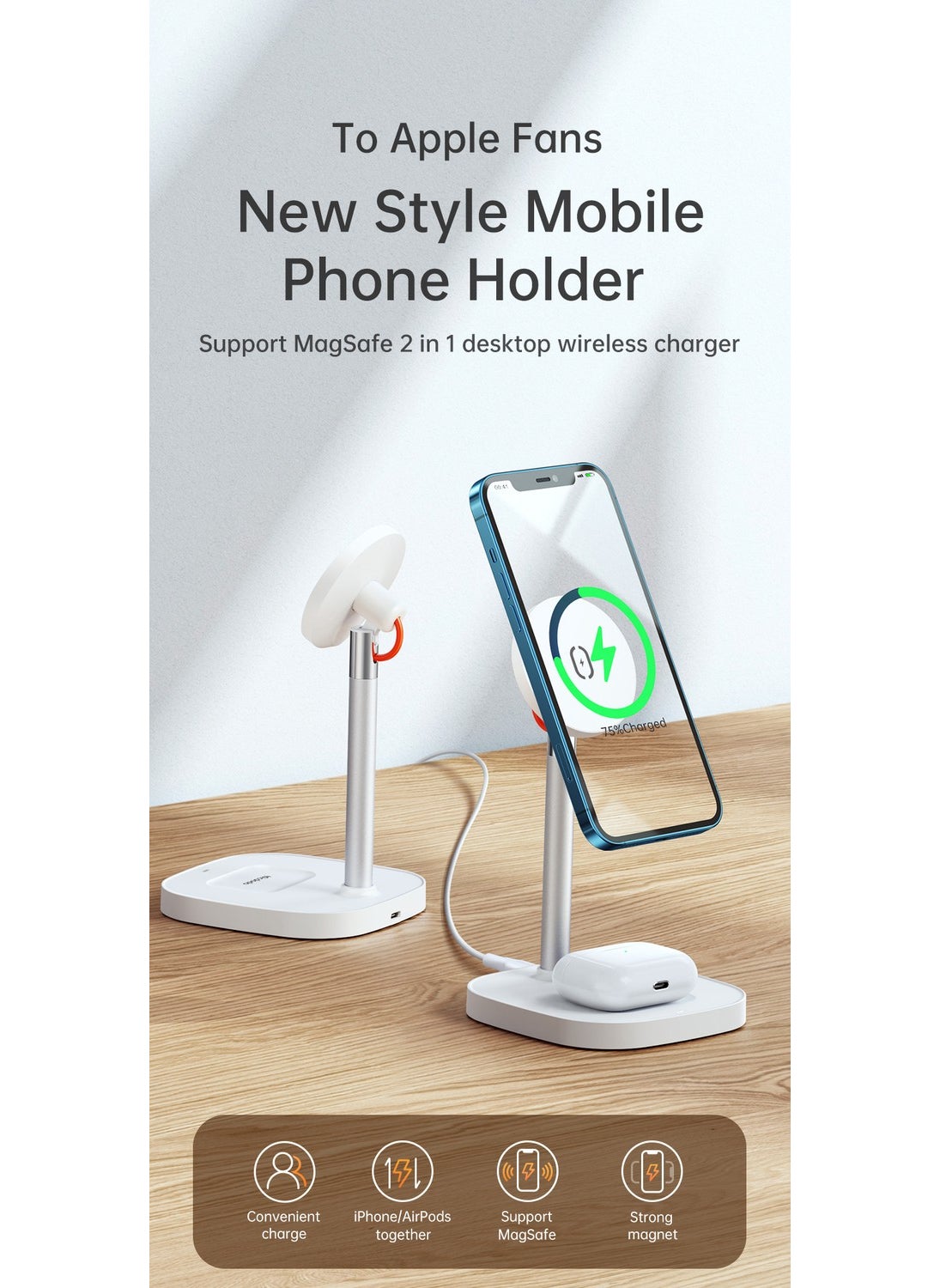 Mcdodo - 2in1 15W Magsafe iPhone Compatible Air Pods Wireless Charging Stand White CH-7340 - Image 1