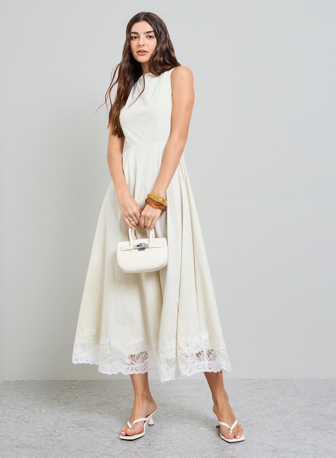 Styli Cream Lace Hem Sleeveless A-Line Maxi Dress - Image 1