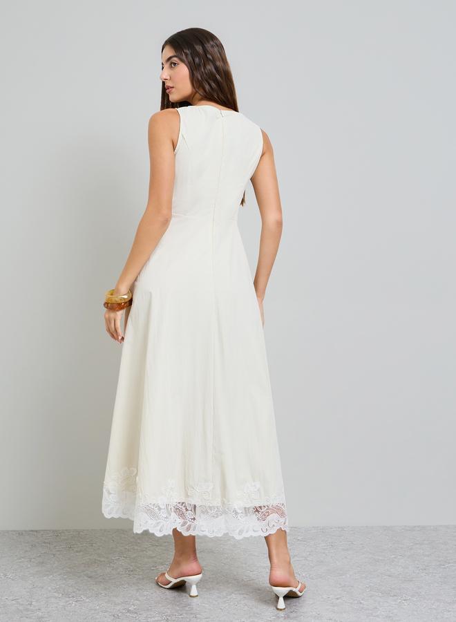 Styli Cream Lace Hem Sleeveless A-Line Maxi Dress - Image 3