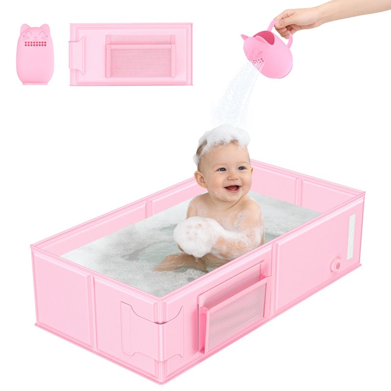 YomauiYee Baby Bathtub, Portable Bathtub with Cat-Patterned Bath Rinse Cup,Foldable Bath Tub for Small Bathroom,Toddler Tub for 6M-5Y,Baby Travel Essentials for Hotel,Camping & Beach - Image 1
