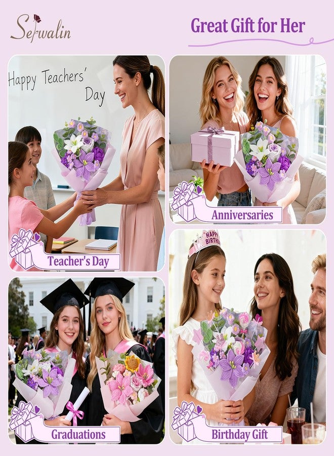 Serwalin Crochet Flower Bouquet, Purple Handmade Knitted Flowers, Liliy Roses Crochet Flowers for Mother's Day Graduation Lover Teacher Anniversary Birthday Gifts, for Girlfriend,Wife(Include Card) - Image 3