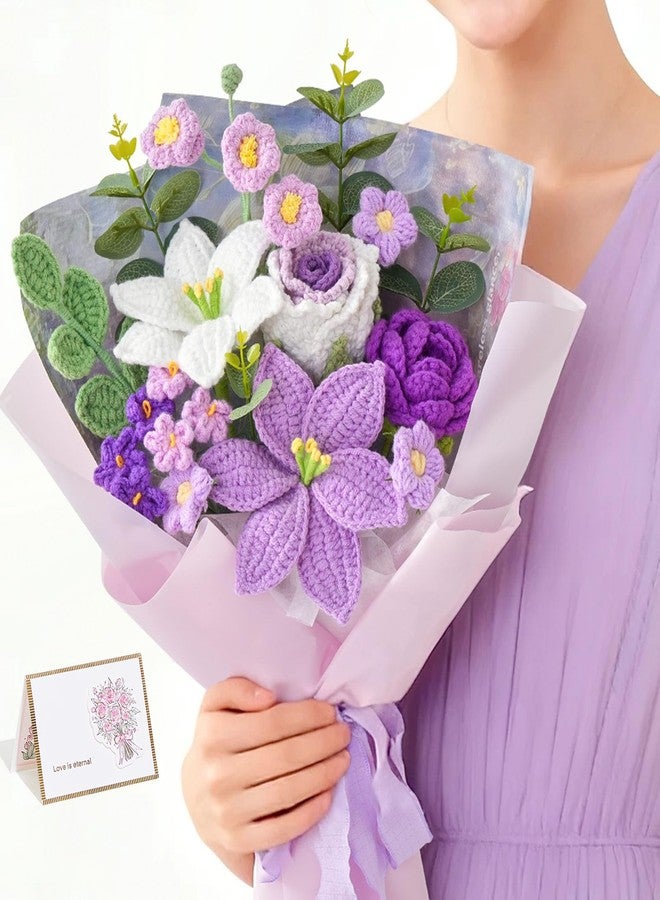 Serwalin Crochet Flower Bouquet, Purple Handmade Knitted Flowers, Liliy Roses Crochet Flowers for Mother's Day Graduation Lover Teacher Anniversary Birthday Gifts, for Girlfriend,Wife(Include Card) - Image 1