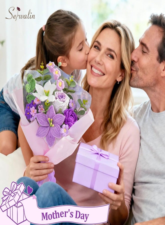 Serwalin Crochet Flower Bouquet, Purple Handmade Knitted Flowers, Liliy Roses Crochet Flowers for Mother's Day Graduation Lover Teacher Anniversary Birthday Gifts, for Girlfriend,Wife(Include Card) - Image 2