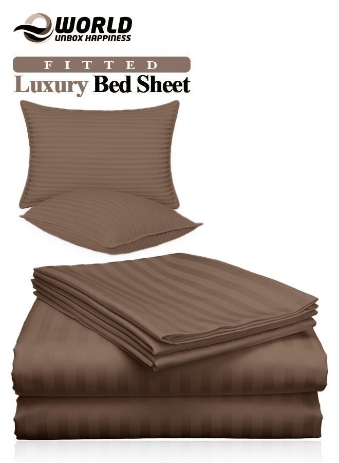 إي وورلد طقم ملاءات سرير فاخر مكون من 3 قطع باللون البني الداكن المخطط مع ملاءة عميقة الجيب وغطائي وسادة، مثالي للفنادق والمنازل، مصنوع من ألياف دقيقة فائقة النعومة وقابلة للتنفس لتوفير الراحة طوال العام (مفرد/مزدوج) - Image 1