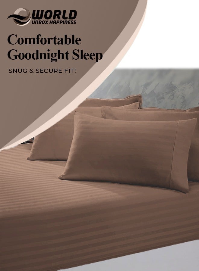 إي وورلد طقم ملاءات سرير فاخر مكون من 3 قطع باللون البني الداكن المخطط مع ملاءة عميقة الجيب وغطائي وسادة، مثالي للفنادق والمنازل، مصنوع من ألياف دقيقة فائقة النعومة وقابلة للتنفس لتوفير الراحة طوال العام (مفرد/مزدوج) - Image 4